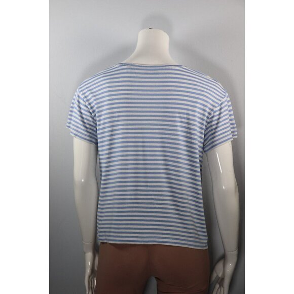 Vince Women's Large Steel Blue Bone White Stripe T-Shirt Silk Blend Tee Crew Top - Picture 8 of 11